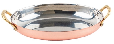 Шола за сервиране и презентация 19 см, овална форма, медно покритие, 2 месингови дръжки