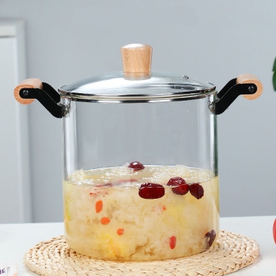 Стъклена тенджера с капак 20 см - 5.5 литра, дървени дръжки