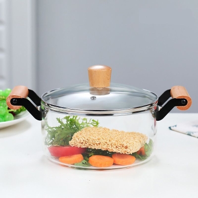 Стъклена тенджера с капак 20 см - 2.4 литра, дървени дръжки