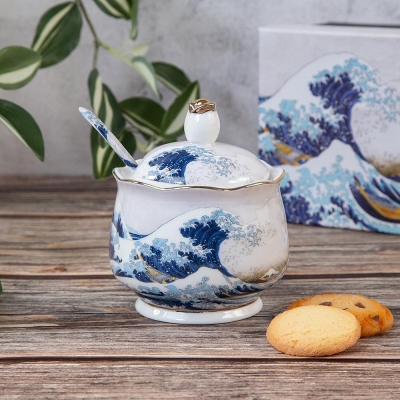 Керамична захарница с лъжичка и капак Blue Wave, 9 x 8 x 8 см