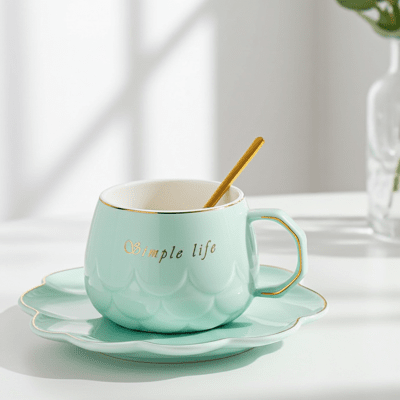 Порцеланова чаша за кафе или чай 250 мл, чинийка с форма на мида и лъжичка - Simple Life Green