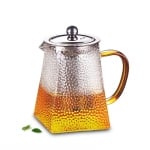 Стъклена кана за чай с филтър 550 мл, квадратна, релефен дизайн, жълта дръжка