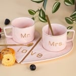 Комплект керамични чаши за кафе 170 мл с подложни чинийки и лъжучки, 6 части, розов цвят