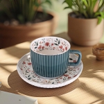 Керамични чаши за кафе или чай 230 мл с подложни чинийки - 4 части, Пролетна градина тюркоаз