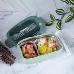 Кутия за храна с 2 стоменени отделения и прибори за хранене GOURMET, зелен капак