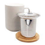 Керамична чаша за чай със стоманен филтър и бамбуков капак - 375 мл - сива, Nerthus Испания