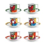 Порцеланов комплект 6 чаши с чинийки за кафе 90 мл Icons цветя, Romero Britto