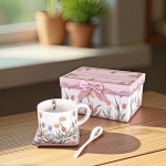 Керамична чаша за чай 280 мл с чинийка и лъжичка - 3 части, Лалета