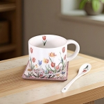 Керамична чаша за чай 280 мл с чинийка и лъжичка - 3 части, Лалета