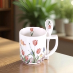 Керамична чаша за кафе или чай 290 мл с лъжичка, Лалета