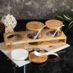 Стъклени буркани 3 броя с лъжички и бамбукова стойка
