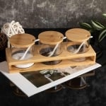 Стъклени буркани 3 броя с лъжички и бамбукова стойка