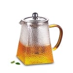 Стъклена кана за чай с филтър 950 мл, квадратна, релефен дизайн, жълта дръжка