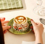 Порцеланова чаша с чинийка за кафе и чай 300 мл, Маслиненозелена