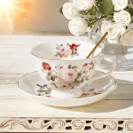 Порцеланова чаша с чинийка и лъжичка за кафе и чай 250 мл, White Rose