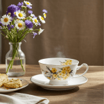 Порцеланова чаша с чинийка и лъжичка за кафе и чай 250 мл, Жълта Пролет