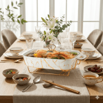 Керамичен съд за топло сервиране със стъклен капак 38.5 x 29.5 см, Marble Gold