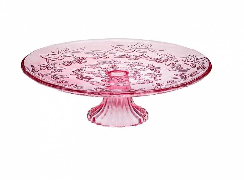 Стъклен поднос за торта 25.5 см FLOWER, розов цвят, LEONE Италия