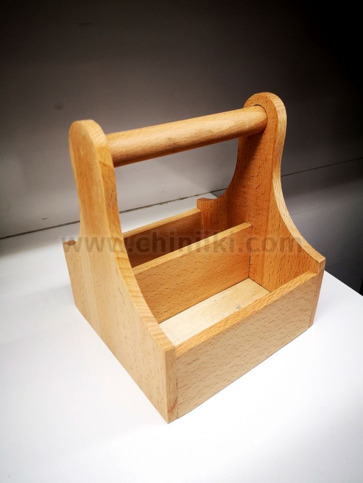 Дървена стойка с дръжка за подправки с 2 отделения, 15 x 15 x 5 см, натурален цвят