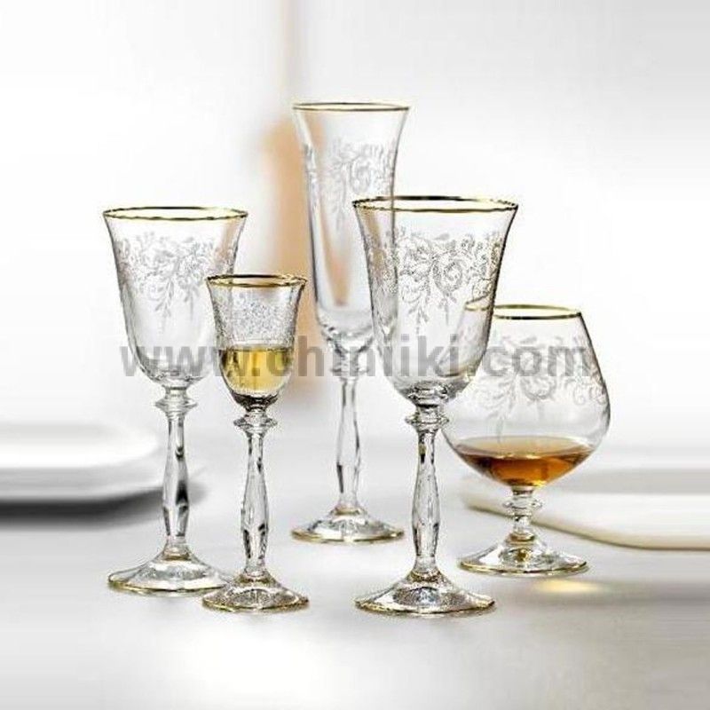 Гравирани чаши за вода 380 мл ANGELA, сребърен кант, 6 броя, Bohemia Crystalex
