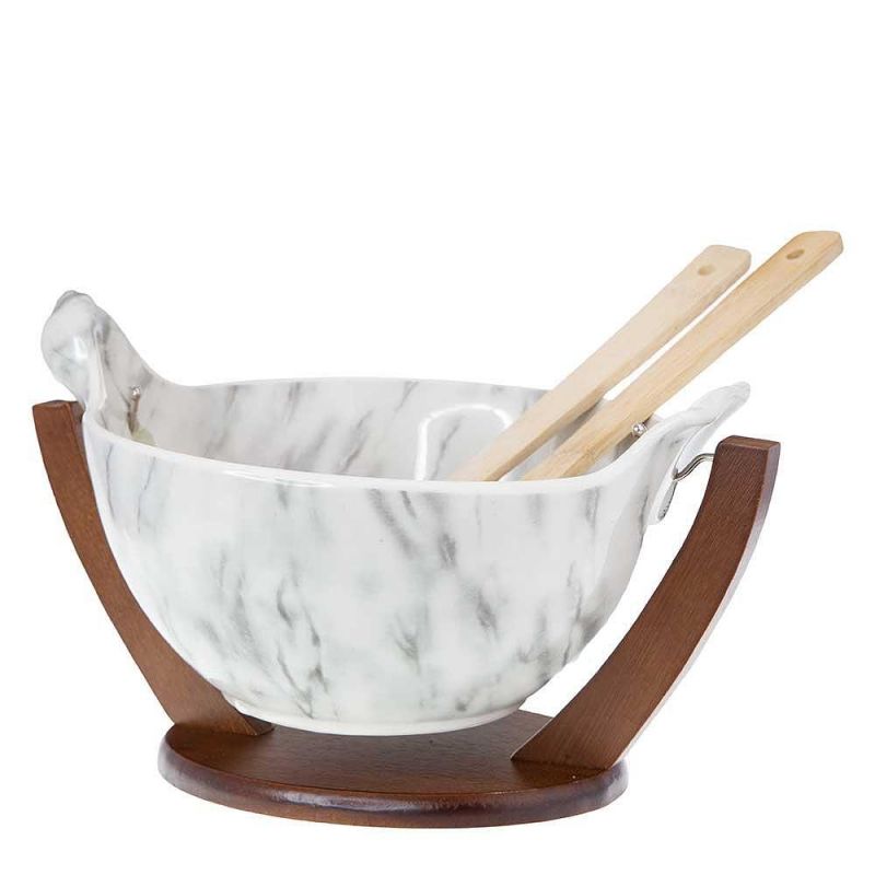 Порцеланова купа за салата с прибори за сервиране и бамбукова стойка, цвят бял мрамор