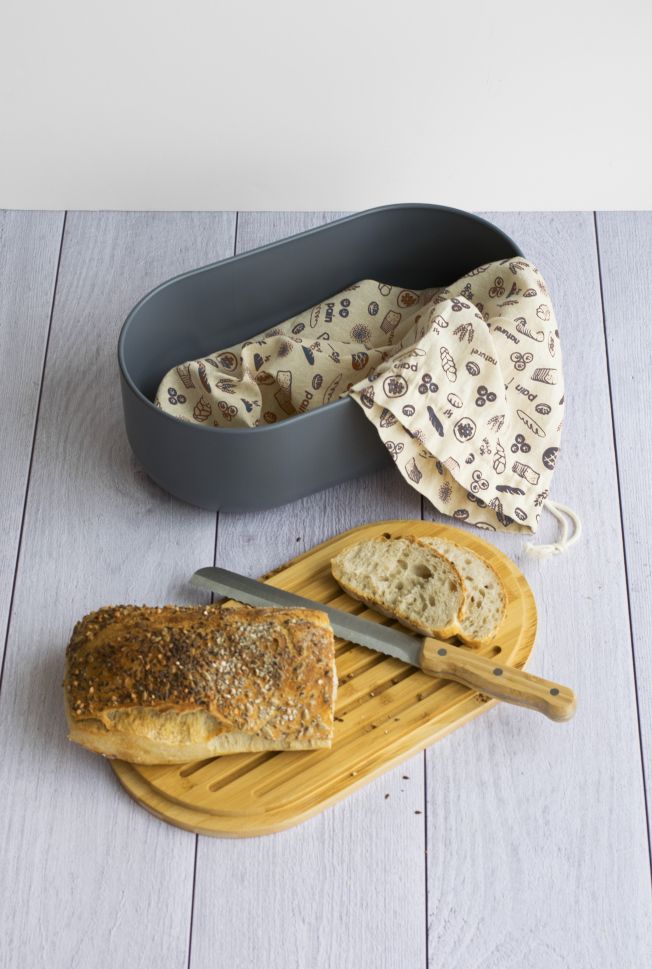 Кутия за хляб с дъска, нож и торбичка за хляб, тъмносив цвят, PEBBLY Франция