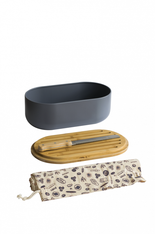 Кутия за хляб с дъска, нож и торбичка за хляб, тъмносив цвят, PEBBLY Франция