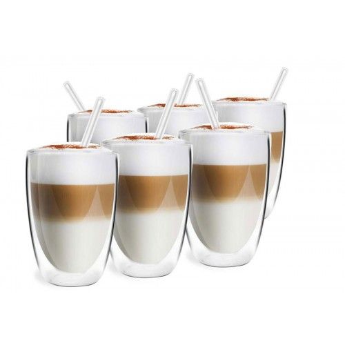 Комплект двустенни чаши за Лате 350 мл с 6 броя стъклени сламки VITA, Vialli Design Полша