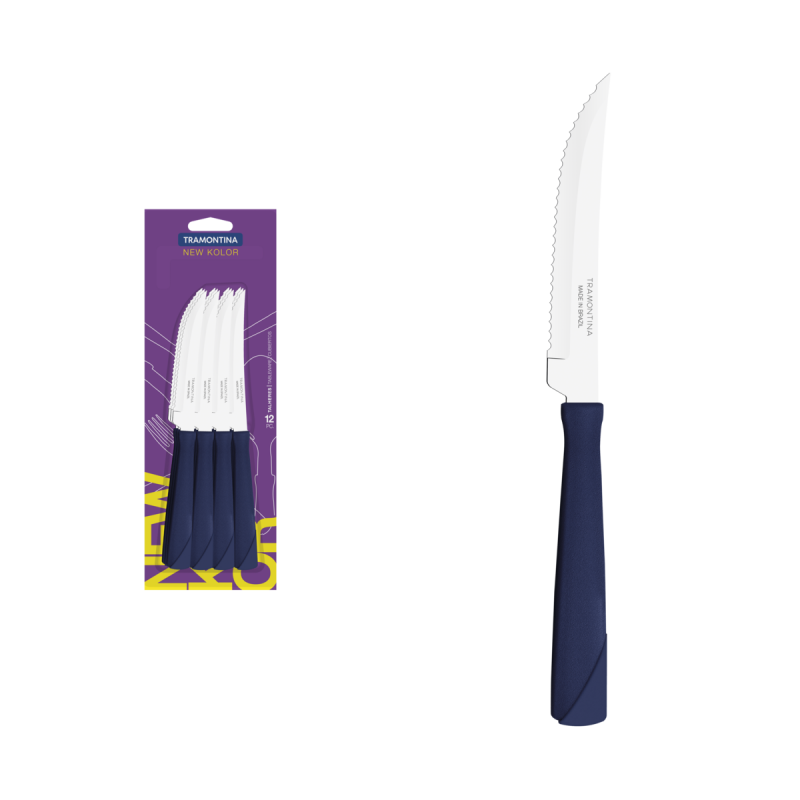 New Kolor нож за стек със сини дръжки - 12 броя, Tramontina Бразилия