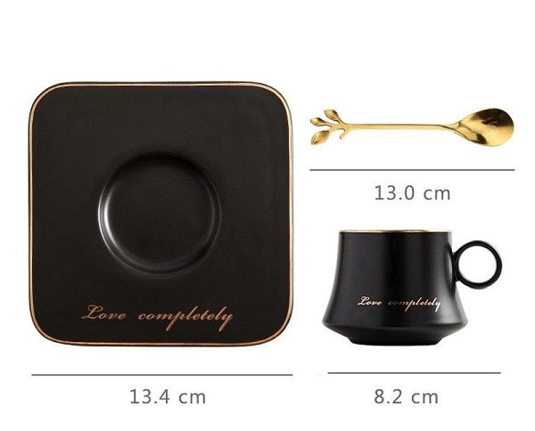 Порцеланова чаша с чинийка и лъжичка за кафе и чай 160 мл, BLACK LOVE COMPLETELY