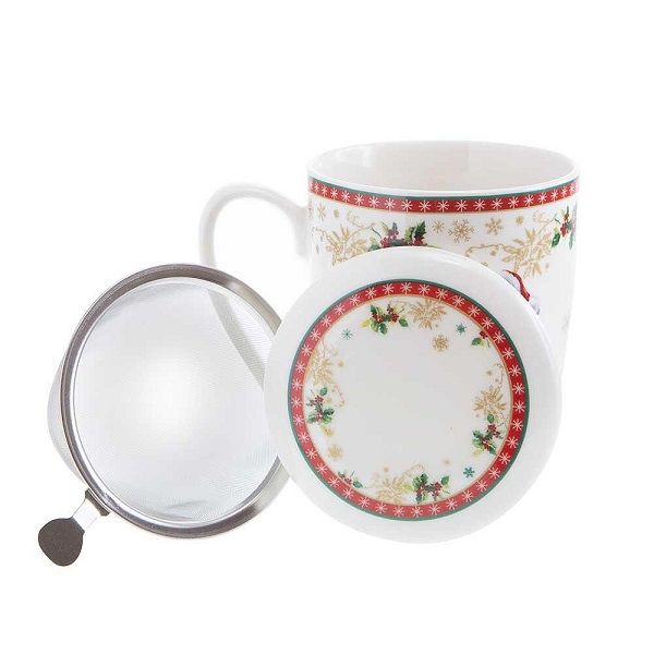 Порцеланова коледна чаша за чай с капаче и филтър 360 мл